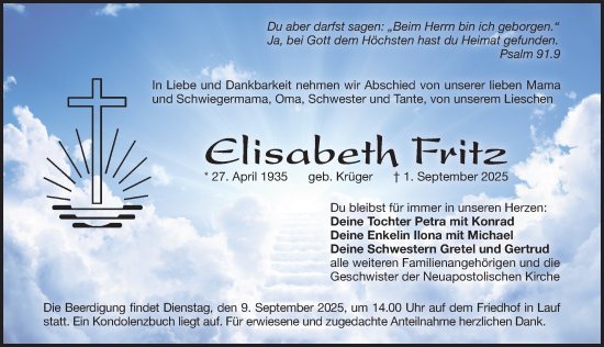 Traueranzeige von Elisabeth Fritz von Pegnitz-Zeitung