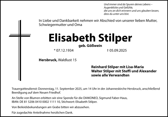 Traueranzeige von Elisabeth Stilper von Hersbrucker Zeitung Lokal