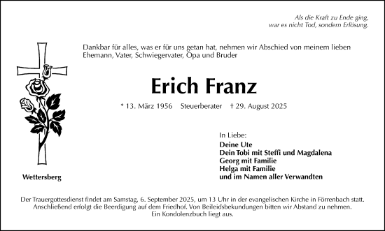 Traueranzeige von Erich Franz von Hersbrucker Zeitung Lokal