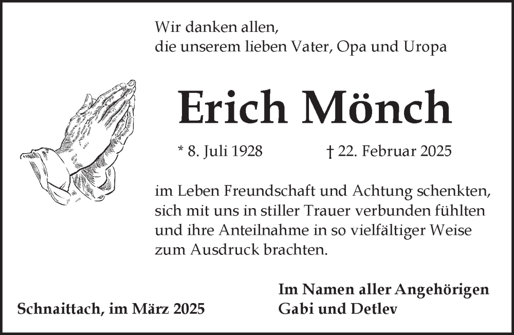  Traueranzeige für Erich Mönch vom 22.03.2025 aus Pegnitz-Zeitung