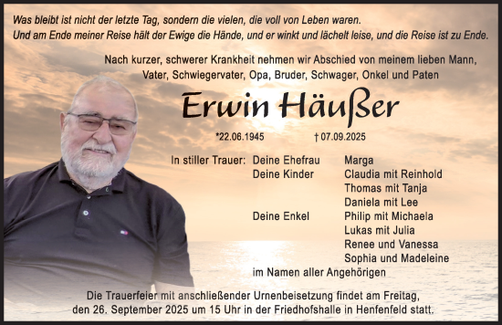 Traueranzeige von Erwin Häußer von Hersbrucker Zeitung Lokal