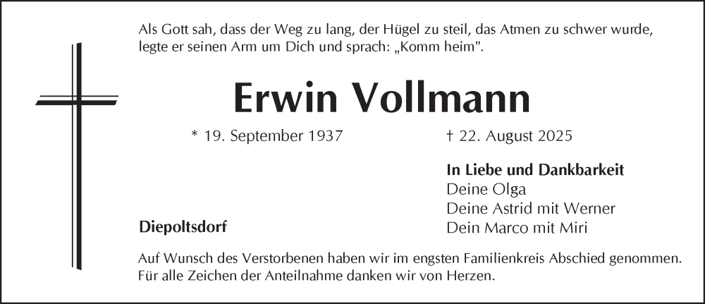  Traueranzeige für Erwin Vollmann vom 06.09.2025 aus Pegnitz-Zeitung