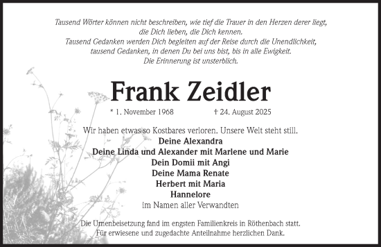 Traueranzeige von Frank Zeidler von Pegnitz-Zeitung