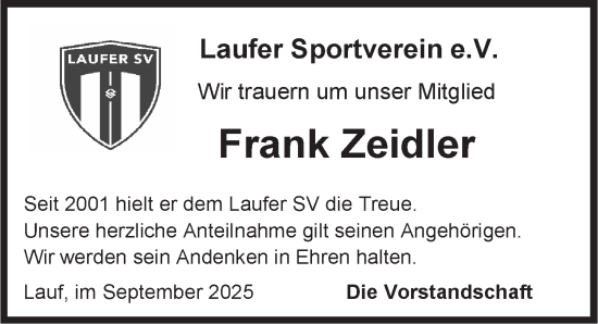 Traueranzeige von Frank Zeidler von Pegnitz-Zeitung