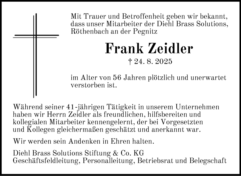 Traueranzeige für Frank Zeidler vom 13.09.2025 aus Pegnitz-Zeitung