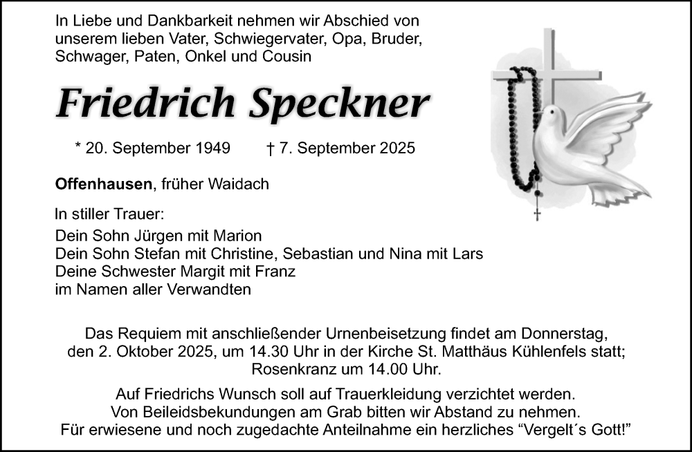  Traueranzeige für Friedrich Speckner vom 27.09.2025 aus Hersbrucker Zeitung Lokal
