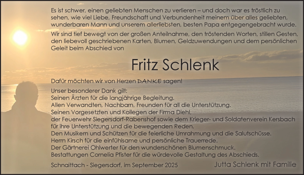  Traueranzeige für Fritz Schlenk vom 13.09.2025 aus Pegnitz-Zeitung