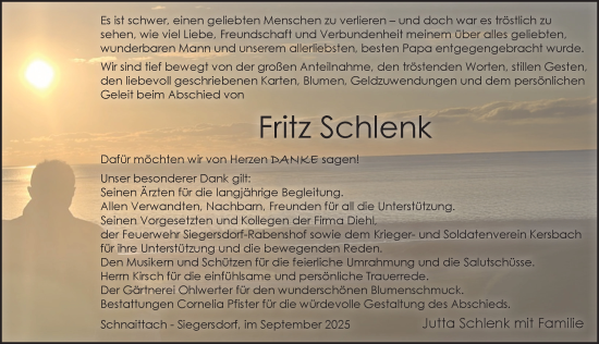 Traueranzeige von Fritz Schlenk von Pegnitz-Zeitung