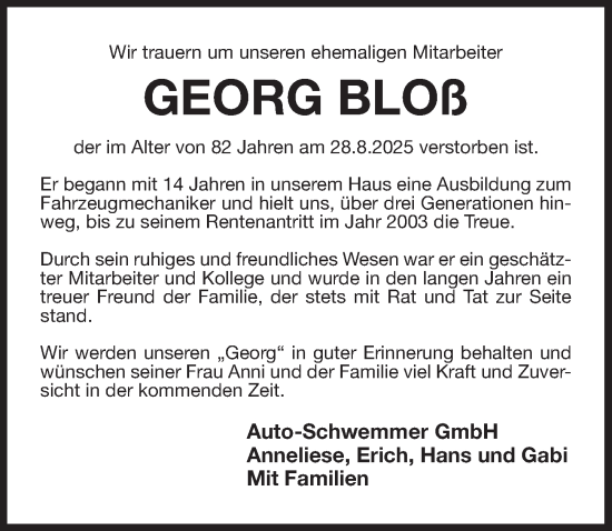 Traueranzeige von Georg Bloß von Der Bote