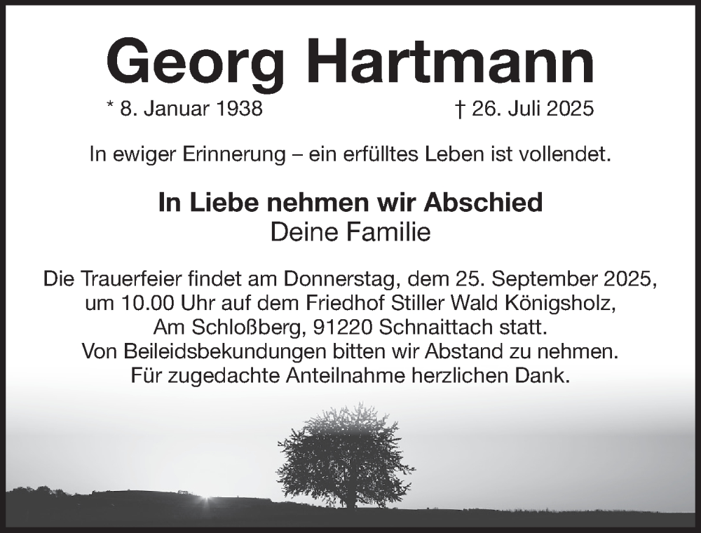  Traueranzeige für Georg Hartmann vom 20.09.2025 aus Pegnitz-Zeitung