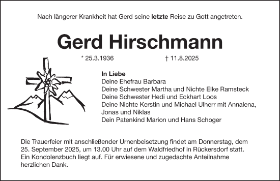 Traueranzeige von Gerd Hirschmann von Pegnitz-Zeitung