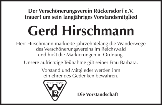 Traueranzeige von Gerd Hirschmann von Pegnitz-Zeitung