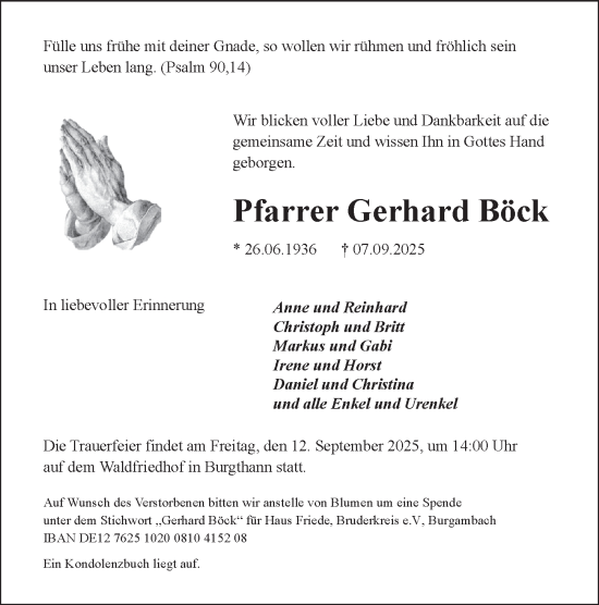 Traueranzeige von Gerhard Böck von Der Bote