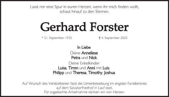 Traueranzeige von Gerhard Forster von Pegnitz-Zeitung