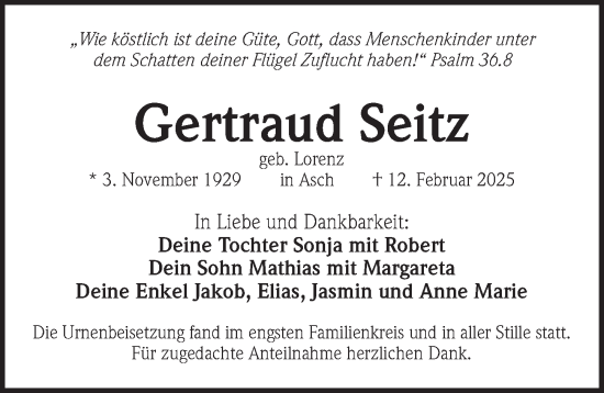 Traueranzeige von Gertraud Seitz von Pegnitz-Zeitung