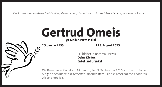 Traueranzeige von Gertrud Omeis von Der Bote