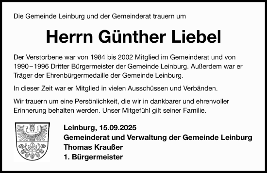 Traueranzeige von Günther Liebel von Pegnitz-Zeitung