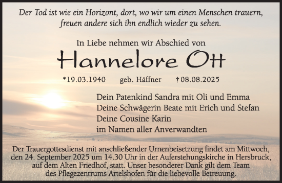 Traueranzeige von Hannelore Ott von Hersbrucker Zeitung Lokal