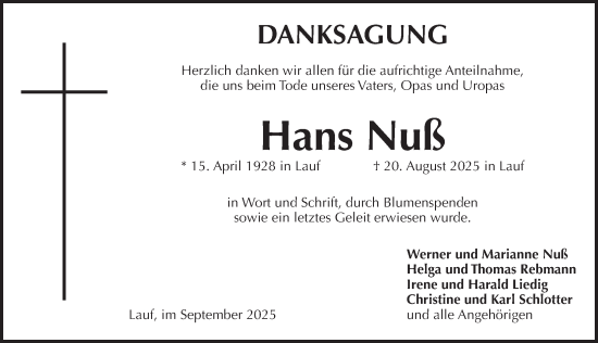 Traueranzeige von Hans Nuß von Pegnitz-Zeitung