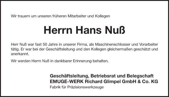 Traueranzeige von Hans Nuß von Pegnitz-Zeitung