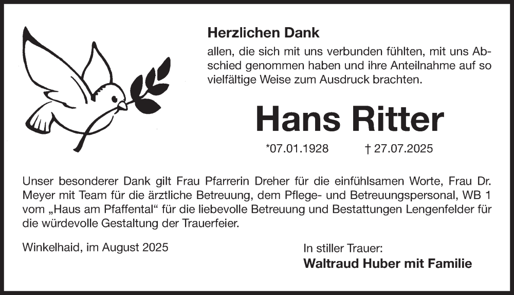  Traueranzeige für Hans Ritter vom 30.08.2025 aus Der Bote