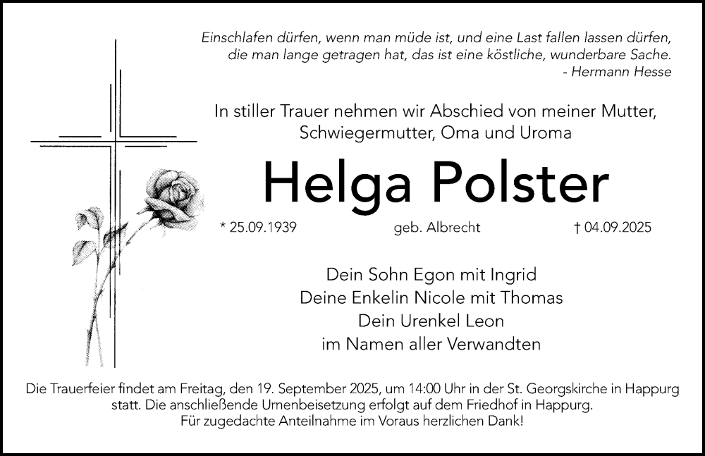  Traueranzeige für Helga Polster vom 13.09.2025 aus Hersbrucker Zeitung Lokal