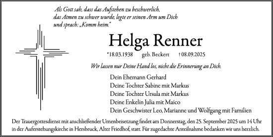 Traueranzeige von Helga Renner von Hersbrucker Zeitung Lokal