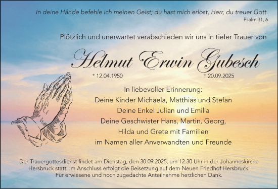 Traueranzeige von Helmut Erwin Gubesch von Hersbrucker Zeitung Lokal