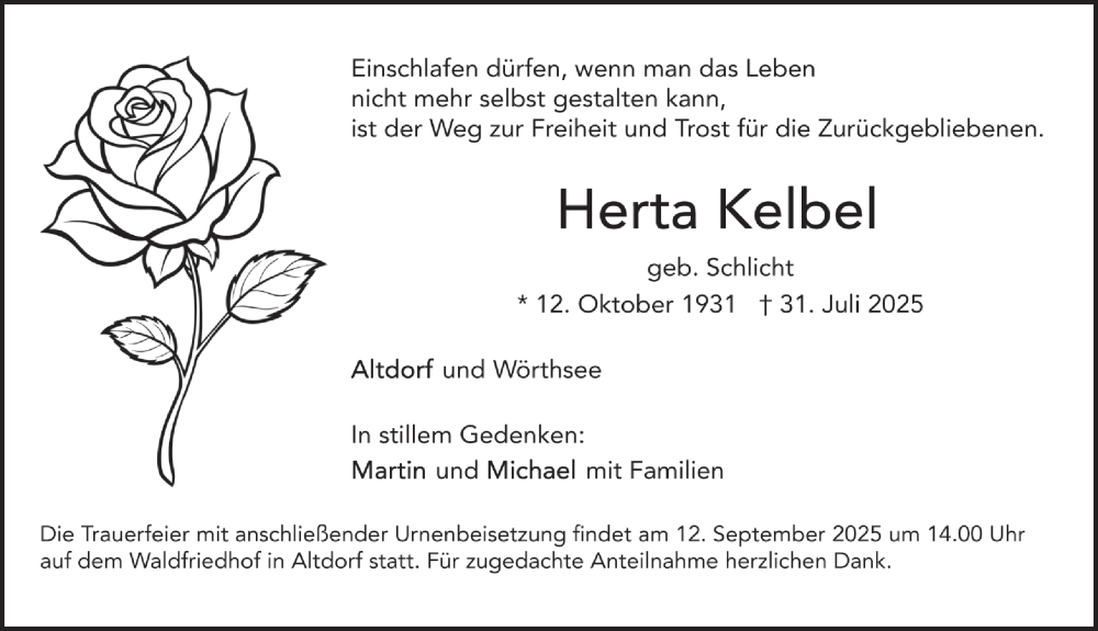  Traueranzeige für Herta Kelbel vom 06.09.2025 aus Der Bote