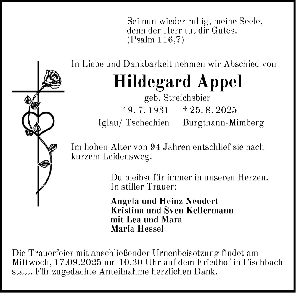  Traueranzeige für Hildegard Appel vom 06.09.2025 aus Der Bote
