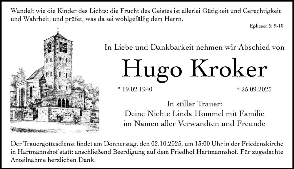  Traueranzeige für Hugo Kroker vom 27.09.2025 aus Hersbrucker Zeitung Lokal