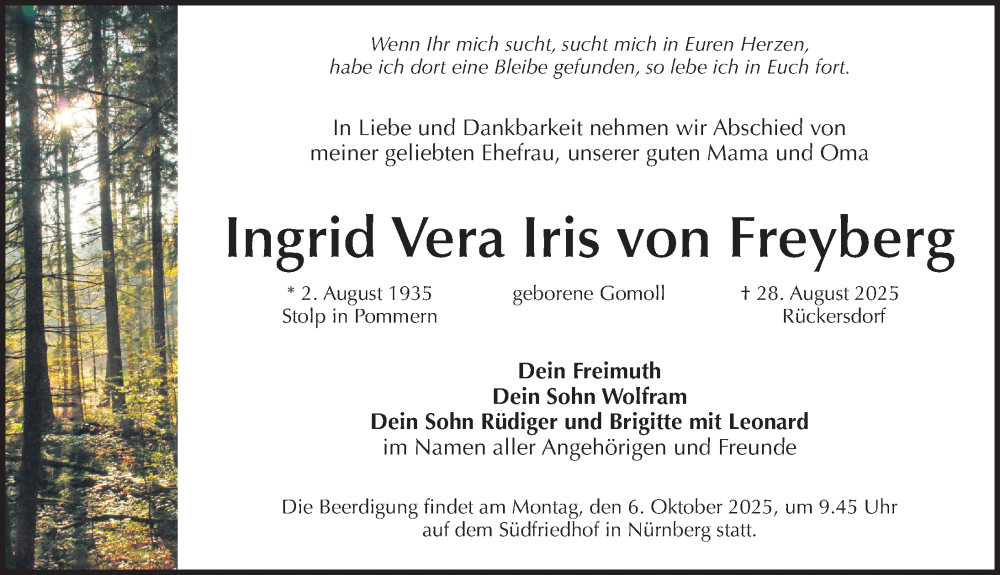  Traueranzeige für Ingrid Vera Iris von Freyberg vom 27.09.2025 aus Pegnitz-Zeitung