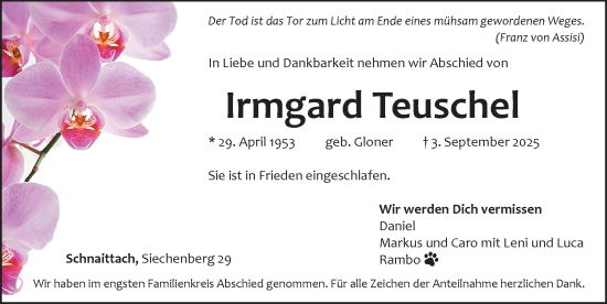 Traueranzeige von Irmgard Teuschel von Pegnitz-Zeitung
