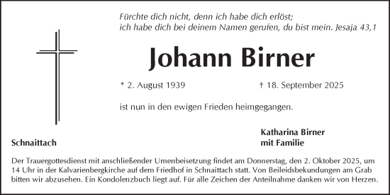 Traueranzeige von Johann Birner von Pegnitz-Zeitung