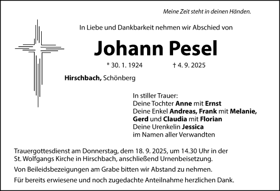 Traueranzeige von Johann Pesel von Hersbrucker Zeitung Lokal