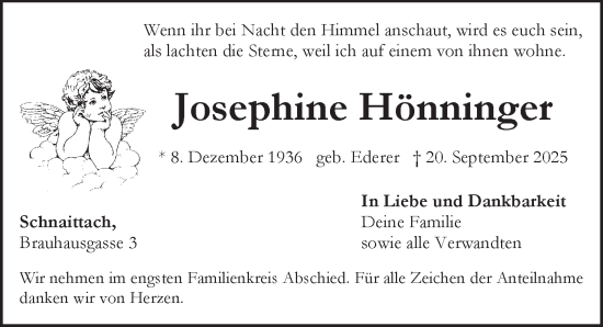 Traueranzeige von Josephine Hönninger von Pegnitz-Zeitung