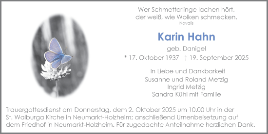 Traueranzeige von Karin Hahn von Der Bote