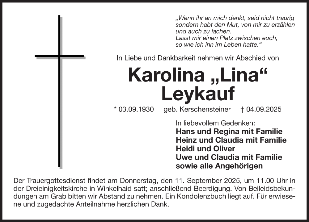  Traueranzeige für Karolina Leykauf vom 06.09.2025 aus Der Bote