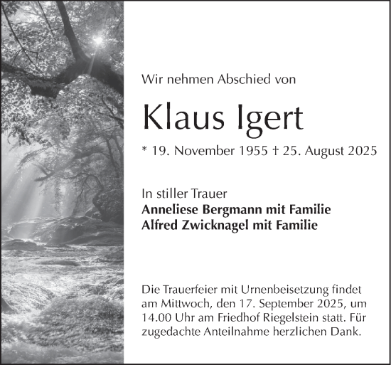Traueranzeige von Klaus Igert von Pegnitz-Zeitung