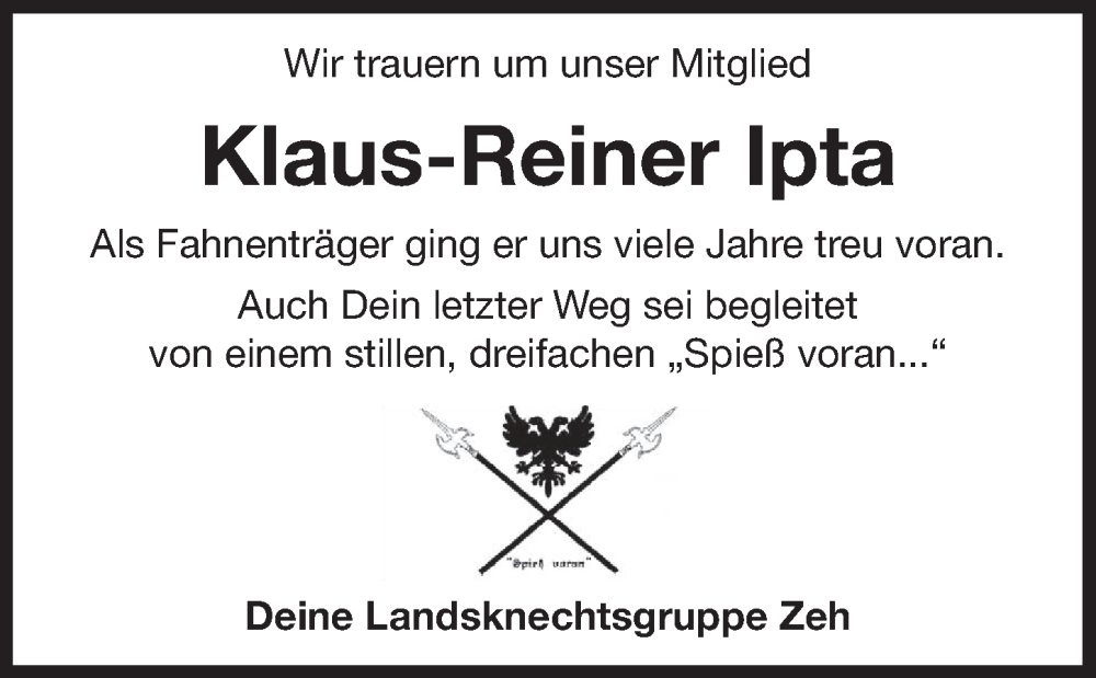  Traueranzeige für Klaus-Reiner Ipta vom 27.09.2025 aus Der Bote