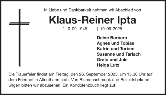 Traueranzeige von Klaus-Reiner Ipta von Der Bote