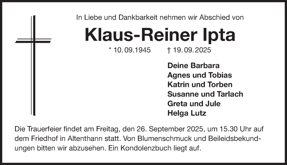  Traueranzeige für Klaus-Reiner Ipta vom 24.09.2025 aus Der Bote