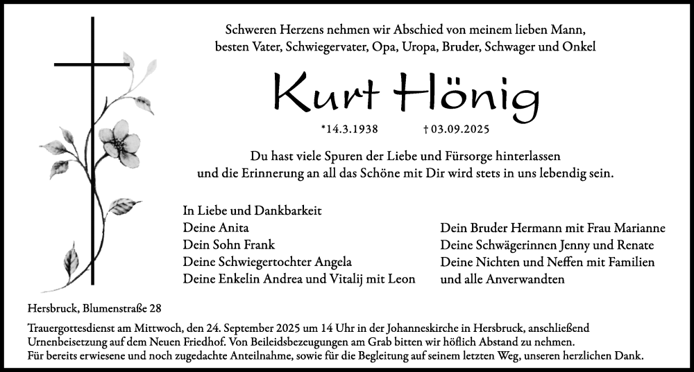  Traueranzeige für Kurt Hönig vom 20.09.2025 aus Hersbrucker Zeitung Lokal