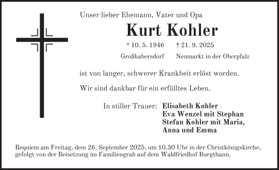 Traueranzeige von Kurt Kohler von Der Bote