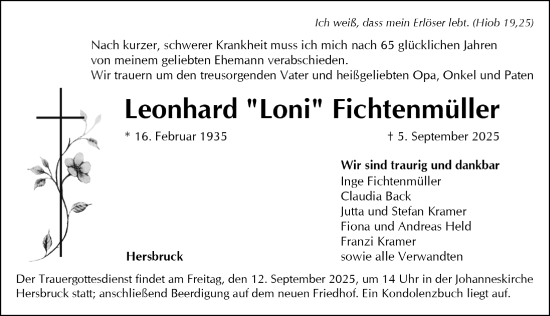 Traueranzeige von Leonhard Fichtenmüller von Hersbrucker Zeitung Lokal