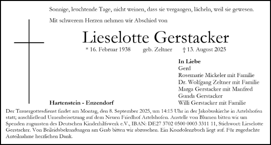 Traueranzeige von Lieselotte Gerstacker von Hersbrucker Zeitung Lokal