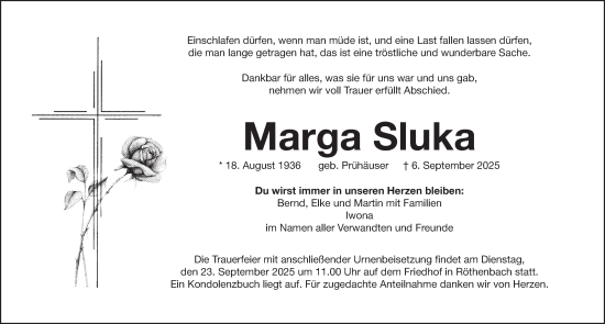 Traueranzeige von Marga Sluka von Pegnitz-Zeitung