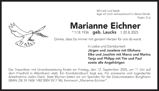 Traueranzeige von Marianne Eichner von Der Bote