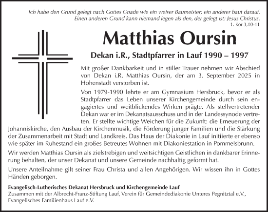 Traueranzeige von Matthias Oursin von Pegnitz-Zeitung