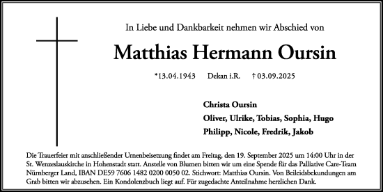 Traueranzeige von Matthias Hermann Oursin von Hersbrucker Zeitung Lokal